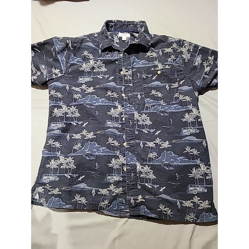 Croft & Barrow Hawaiin Shirt Tropical Beach Scene W/Front Pocket Dk Blue Mens LG